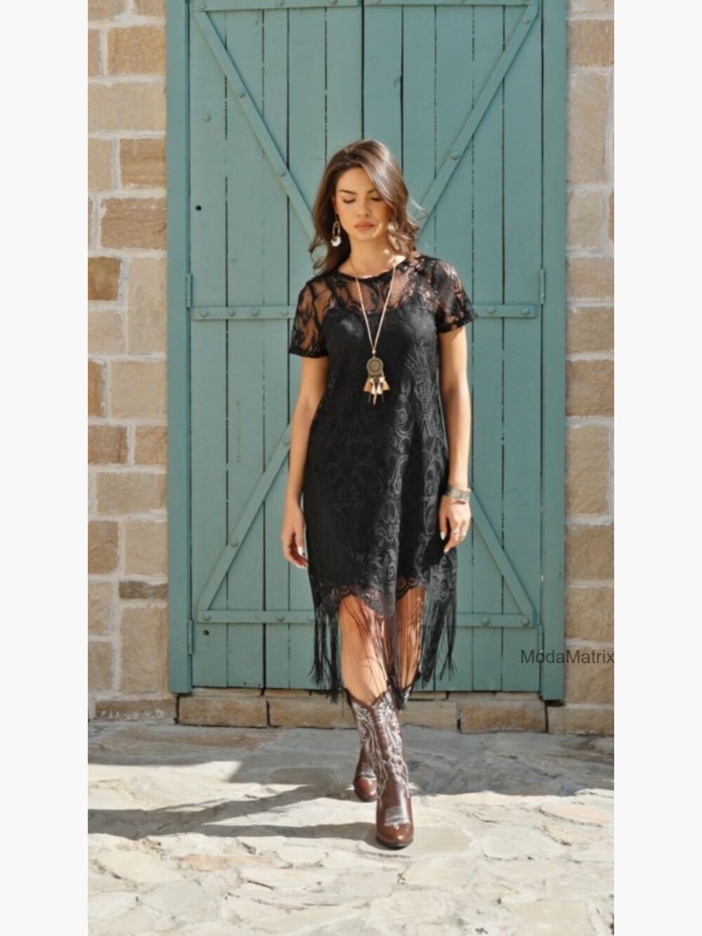 Women's Western 2 Piece Fringe Dress Set Midi Boho Layered - Picture 7 of 7
